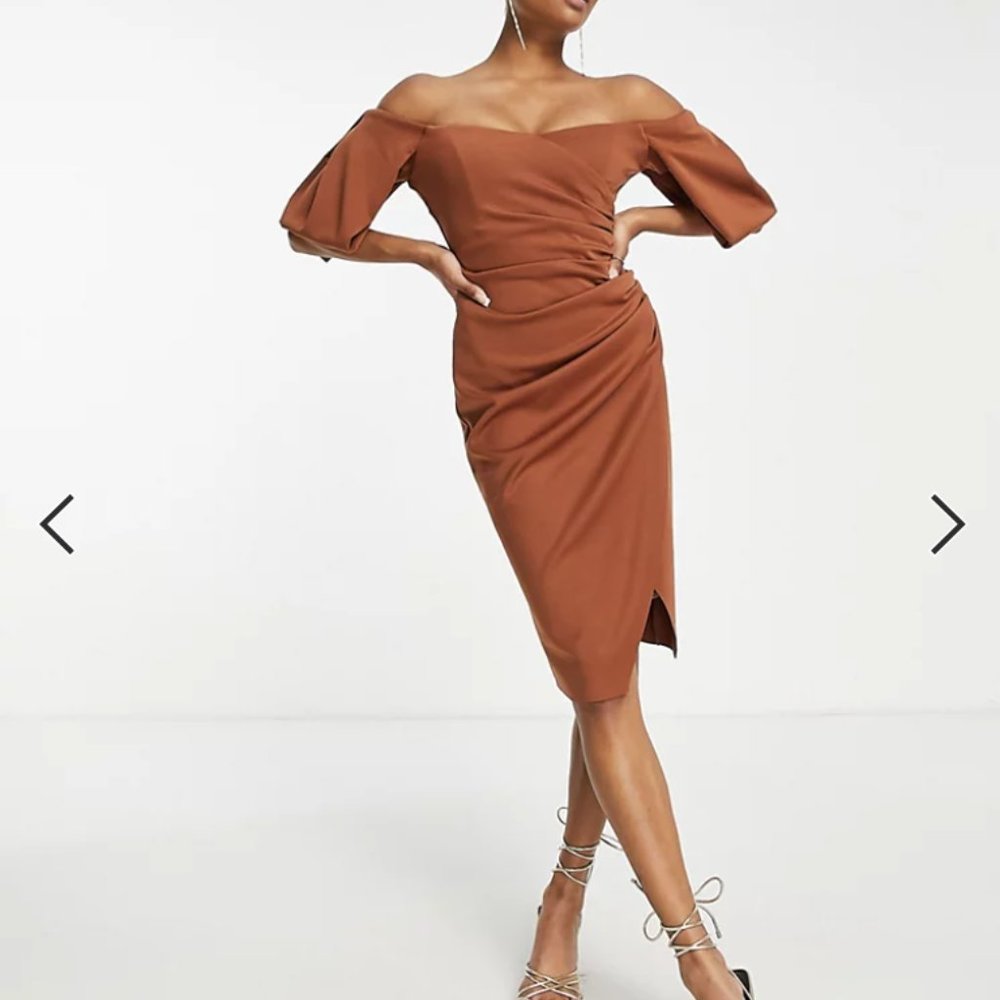Petite midi pencil dress in brown ASOS